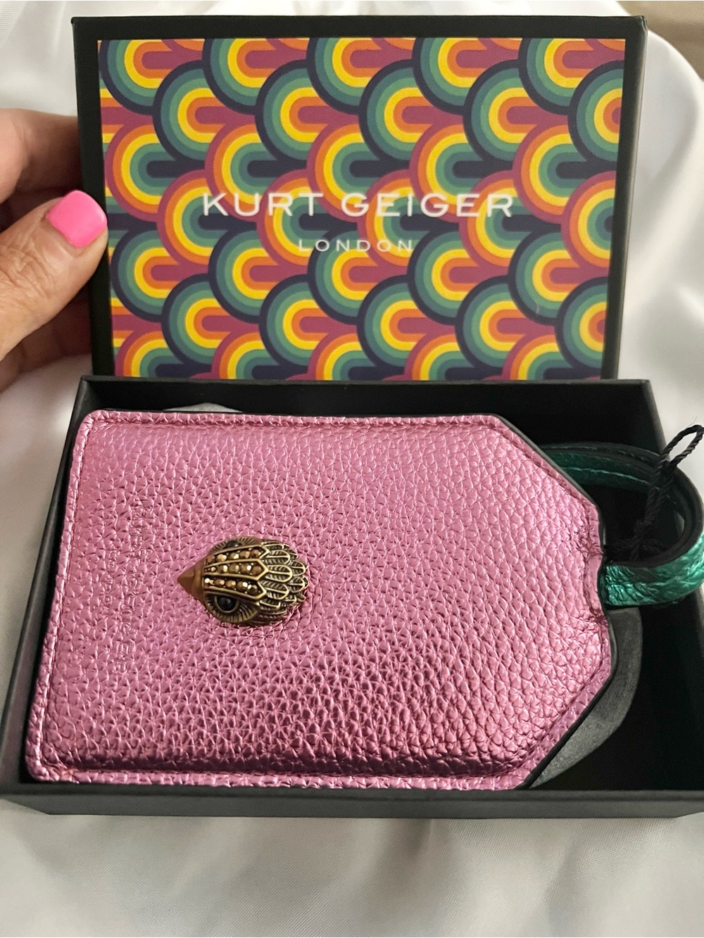 NWT Kurt Geiger large metallic pink lanyard/card holder